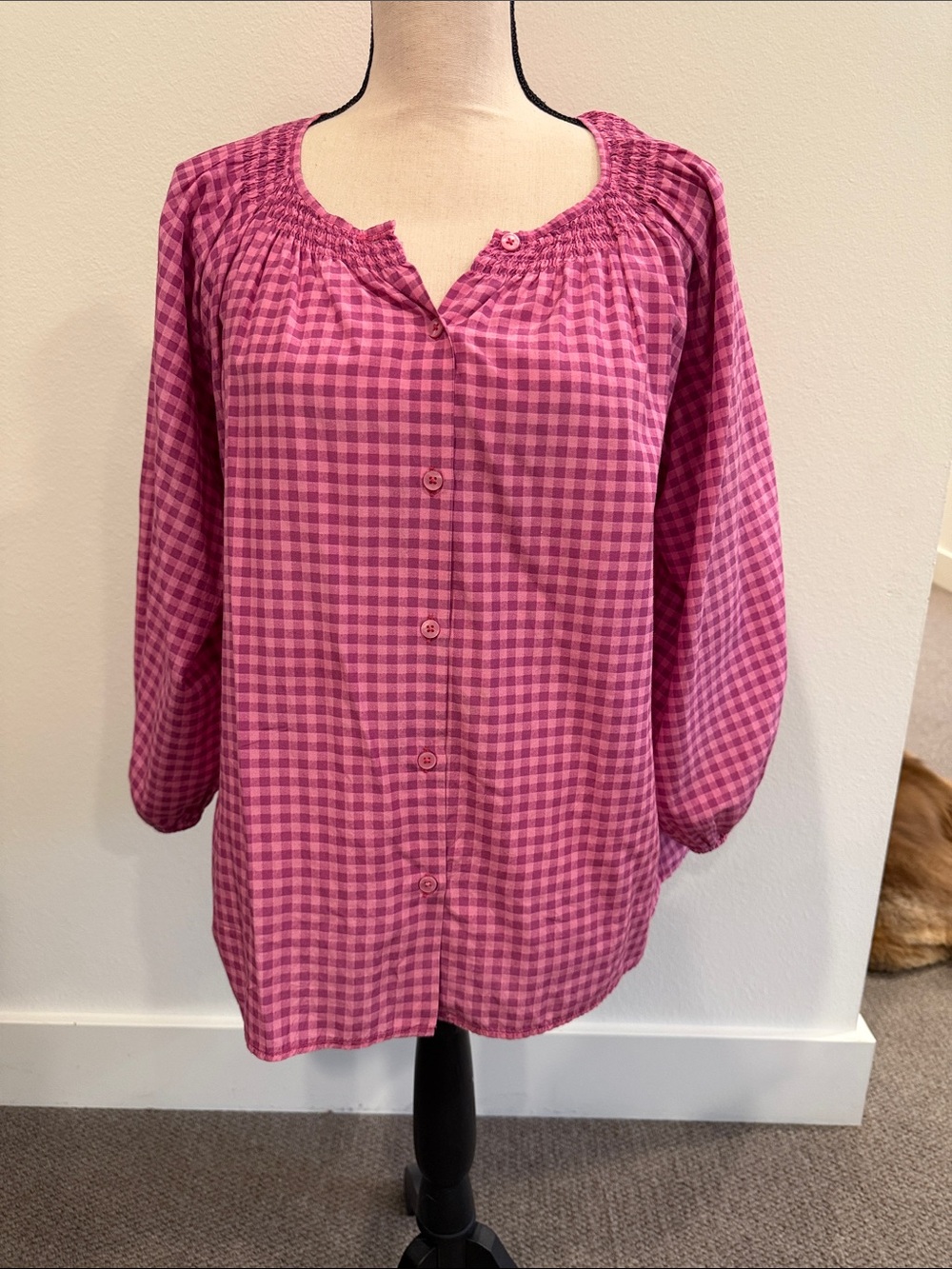 Tucker Pink Gingham Smocked-Neck Button Blouse. 50% silk / 50% cotton.